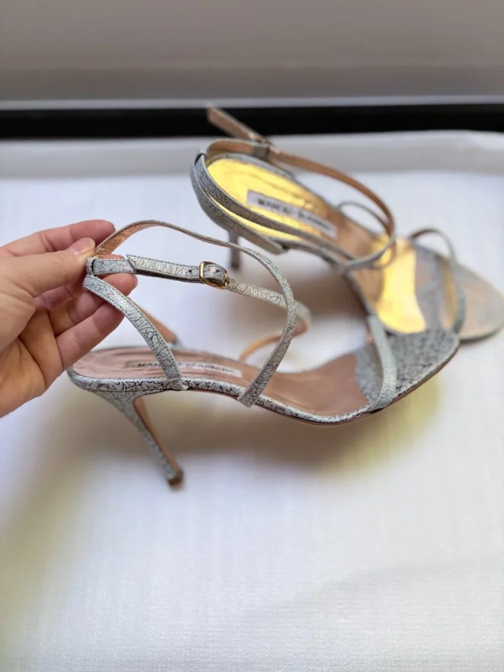 Manolo Blahnik Blue Gold Filigree Leather Strappy Heels EU 36